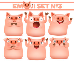 Wall Mural - Set of cute pig cartoon emoji characters in various emotions.