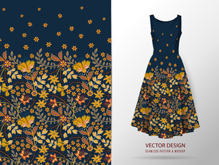 Vertical seamless fashion background. Women's long dress mock up with bright seamless hand drawn pattern for textile, paper print. Isolated dark blue dress with orange brown pattern. vector