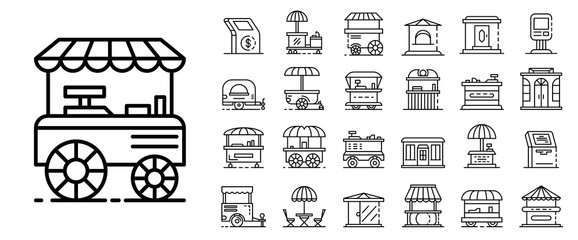 Sticker - Kiosk icon set. Outline set of kiosk vector icons for web design isolated on white background