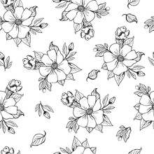 Vector Illustration, Seamless Black And White Pattern With Fruit Blossom, Apple, Pear, Orange Flowers Drawn With A Tablet, Can Be Used For Paper, Fabric, Scrapbooking, Web Design