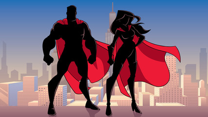 Poster - Illustration of silhouette superhero couple, standing tall on rooftop above city.