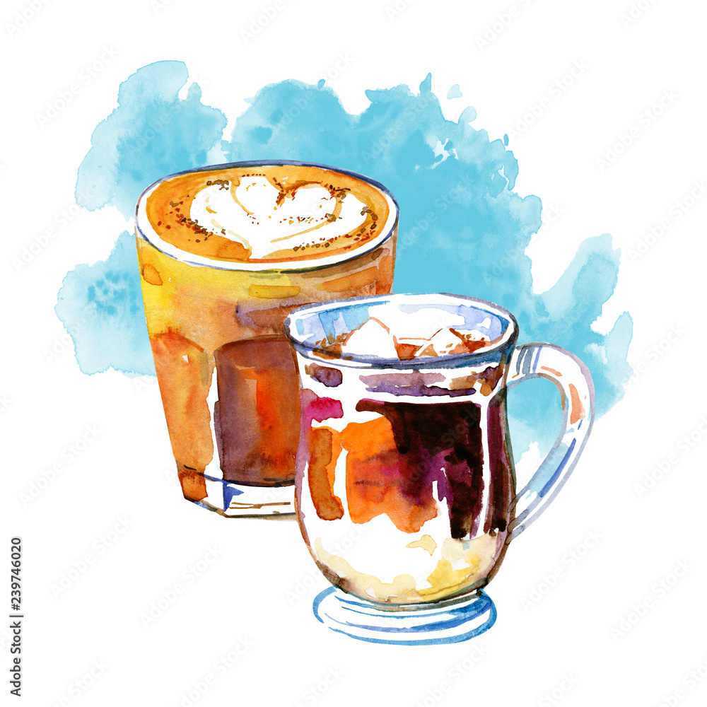 Coffee drinks watercolor illustration. Hand drawn sketch composition ...