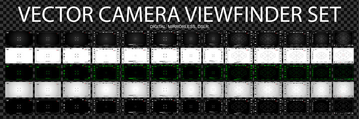 Wall Mural - Camera focusing screen 65 in 1 pack - digital, mirorless, DSLR, cameraphone. White, black and green viewfinders camera recording. 4K ready detailed templates. Vector illustration