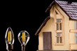 Led lamps lie near the house layout on a wooden background