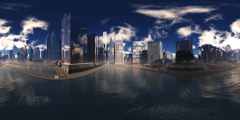 HDRI, environment map , Round panorama, spherical panorama, equidistant projection,  panorama 360, Modern city at sunrise in the fog over the water, skyscrapers at sunset over the water
