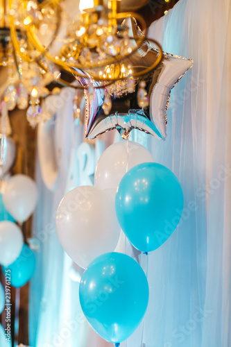 Baby Boy Birthday Party Decor White And Blue Balloons Lights And