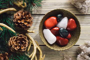 Wall Mural - Brass Bowl of Red Jasper, Quartz and Bloodstone with Quartz in Woodland Setting