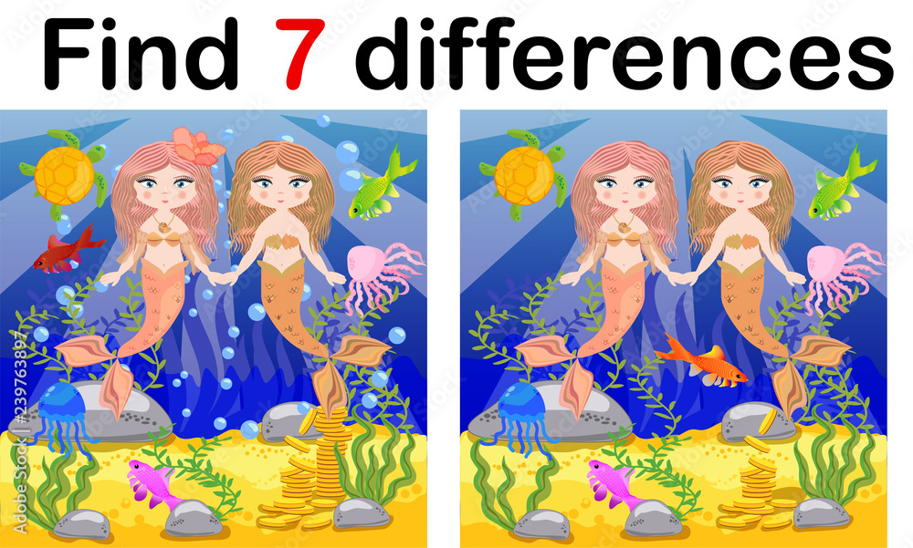 Find differences, game for children, mermaid underwater in cartoon ...