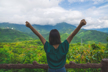 Happy young cute asian Japanese girl hipster backpack  women travelling looking at beautiful sky mountains scenery views 