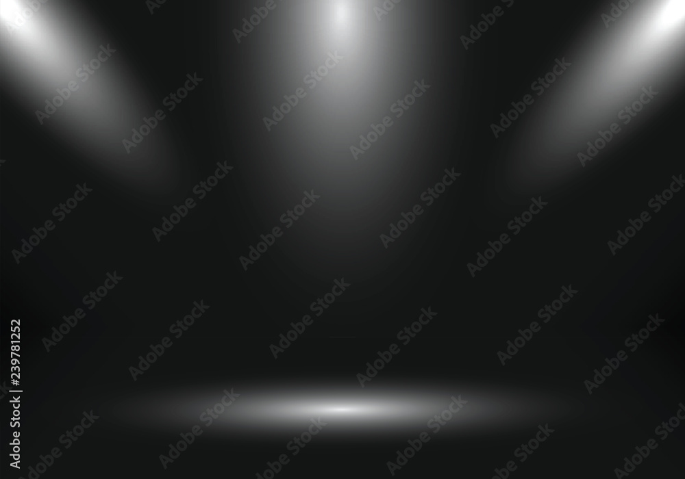 3D empty studio room show booth for designers with spotlight on black ...