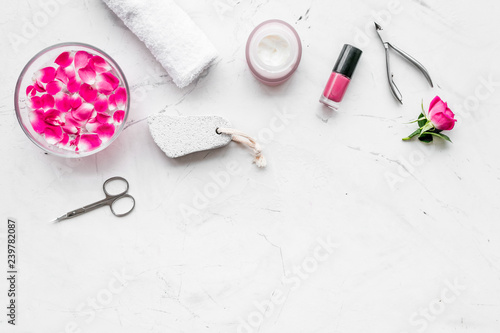 Manicure And Pedicure Equipment For Nail Bar Set On White Stone Background Top View Mockup Stock Photo Adobe Stock