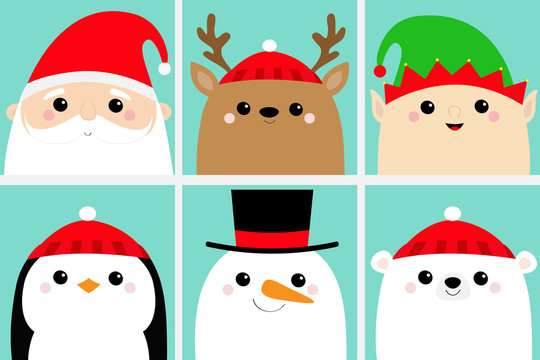 Santa Claus Elf Raindeer Deer Snowman Bear Penguin bird face head icon set. Merry Christmas. New Year. Cute cartoon funny kawaii baby character. Greeting card. Flat design Blue background.