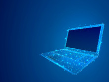 Laptop. Low Poly Model Of A Notebook. Neon Style. Connection With Wireframe. Internet Or Digital Devices And Computer Keyboard And Monitor For Text Or Image. Raster On Dark Blue Background