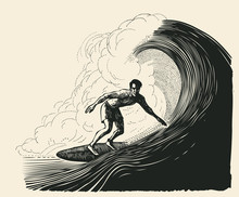 Surfer And Big Wave. Engraving Style. Vector Illustration.