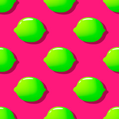 Wall Mural - Vector seamless pattern with flat icons of limes. Light green citrus fruit. Pink background. 
