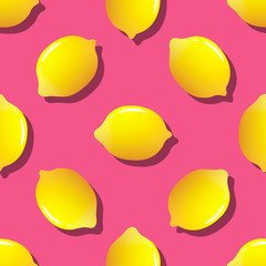 Wall Mural - Vector seamless pattern with flat icons of lemon. Yellow citrus fruit. Pink background. 