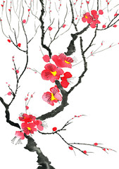  A branch of a blossoming tree. Pink and red stylized flowers of plum mei, wild apricots and sakura . Watercolor and ink illustration in style sumi-e, u-sin. Oriental traditional painting.