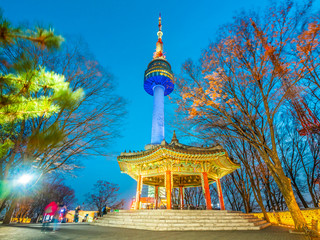 Poster - Beautiful architecture building N Seoul tower on namsan mountain landmark of Seoul