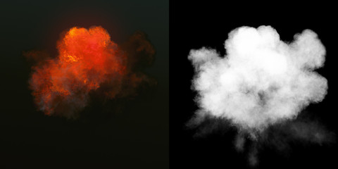 Wall Mural - large explosion with black smoke in dark plus alpha channel. 3d rendering