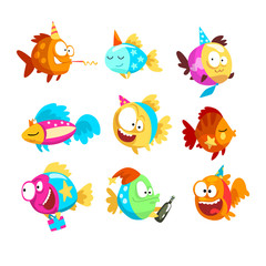 Sticker - Funny fishes set, little colorful sea creatures characters, marine theme design elements can be used for kids party invitation, greeting card vector Illustration