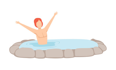 Sticker - Young man enjoying hot water in outdoor thermal spring, spa procedure vector Illustration on a white background