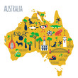 Australia cartoon travel map vector illustration, landmark Perth bell tower, Harbour Bridge of Sydney, Old Windmill Brisbane, Captain Cooks Cottage of Melbourne, Town Hall Adelaide, wild animal symbol