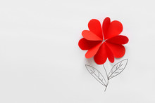 Valentines Day Card. Red Paper Heart Shape Flower On White Paper Background. Paper Cut Style And Minimalist Concept