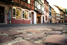 Low Perspective Of Cobblestone Street In Historic City Of Strasbourg France