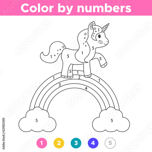 Number educational coloring page for preschool kids. Cute unicorn on
