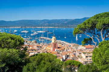 saint-tropez old town and yacht marina view from fortress on the hill.