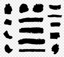 Wall Mural - Vector Set of Black Ink Spots and Brush Strokes, Abstract Shapes on Transparent Background.