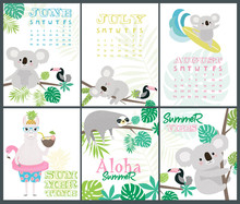 Set Of Fun Aloha Posters And Summer Month Calendar With Cartoon Animals For Baby Shower Or Birthday Party. Editable Vector Illustration