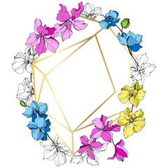 Wall Mural - Vector. Orchid flower. Engraved ink art. Frame golden crystal. Geometric crystal stone polyhedron mosaic shape.