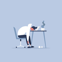 Professional Burnout. Young Exhausted Female Manager Sitting At The Office. Long Working Day. Millennials At Work. Flat Editable Vector Illustration, Clip Art