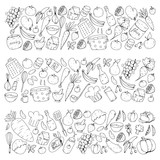 Fototapeta Pokój dzieciecy - Kitchen and cooking seamless pattern. Icons of food and drinks. Colorful images for wrapping paper, textile, fabric