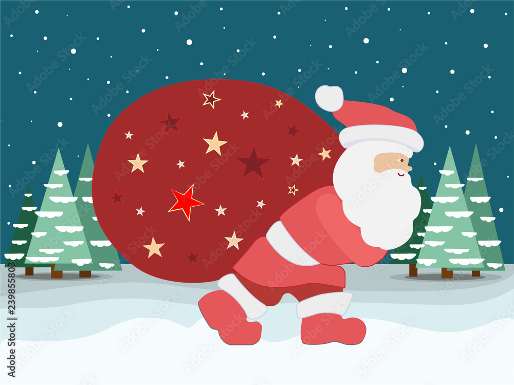 Christmas illustration. Image of Santa Claus carrying a bag with gifts ...