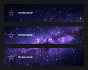 Sticker - set of horizontal banners with night starry sky and milky way. space dark background with fragment o