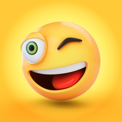 Wall Mural - 3D Rendering winking emoji isolated on yellow background