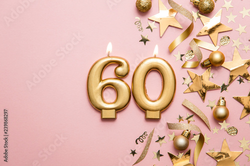 Number 60 gold celebration candle on star and glitter background Tableau sur Toile