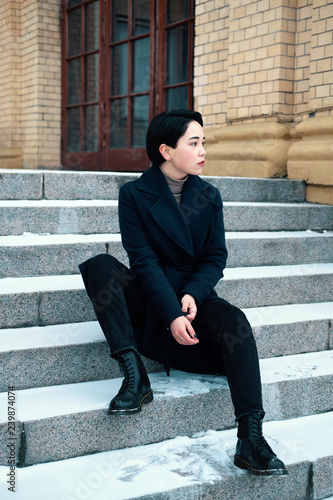 Portrait Of Young Stylish Fashionable Woman With Short Hair Style