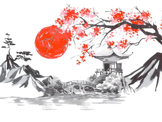 Japan traditional sumi-e painting. Fuji mountain, sakura, sunset. Japan sun. Indian ink illustration. Japanese picture.