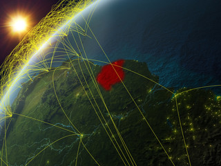 Peru on model of planet Earth with network and international networks. Concept of digital communication and technology.