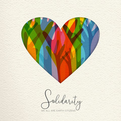 Wall Mural - International Human Solidarity Day illustration. Paper cut  heart shape and colorful hands from different cultures helping each other for community help, social love concept. 