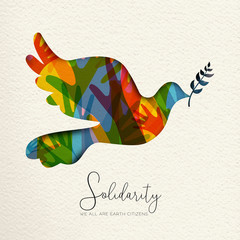 Wall Mural - International Human Solidarity Day illustration. Paper cut dove bird shape and colorful hands from different cultures helping each other for community help, social peace concept. 