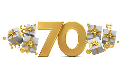 Wall Mural - Number 70 gold birthday celebration number with gift boxes. 3D Rendering