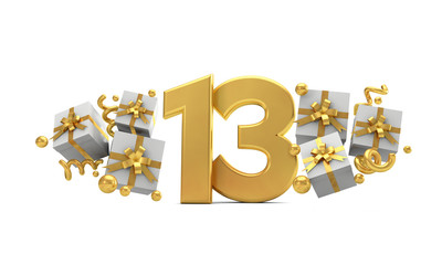 Wall Mural - Number 13 gold birthday celebration number with gift boxes. 3D Rendering