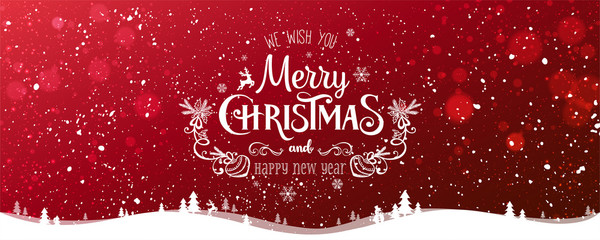 Wall Mural - christmas and new year typographical on snowy xmas background with winter landscape with snowflakes,