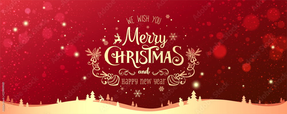 Gold Christmas and New Year Typographical on red Xmas background with ...