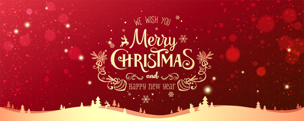 Wall Mural - gold christmas and new year typographical on red xmas background with winter landscape with snowflak