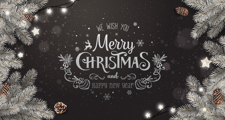 Wall Mural - creative frame made of silver christmas fir branches. silver merry christmas and new year text on da